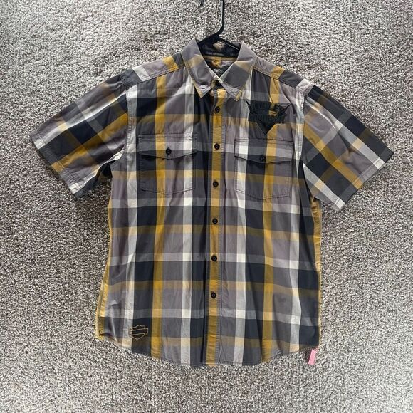 Harley Davidson Shirt Adult Medium Grey Yellow Plaid Dutton Up Casual Mens Patch - Picture 1 of 13